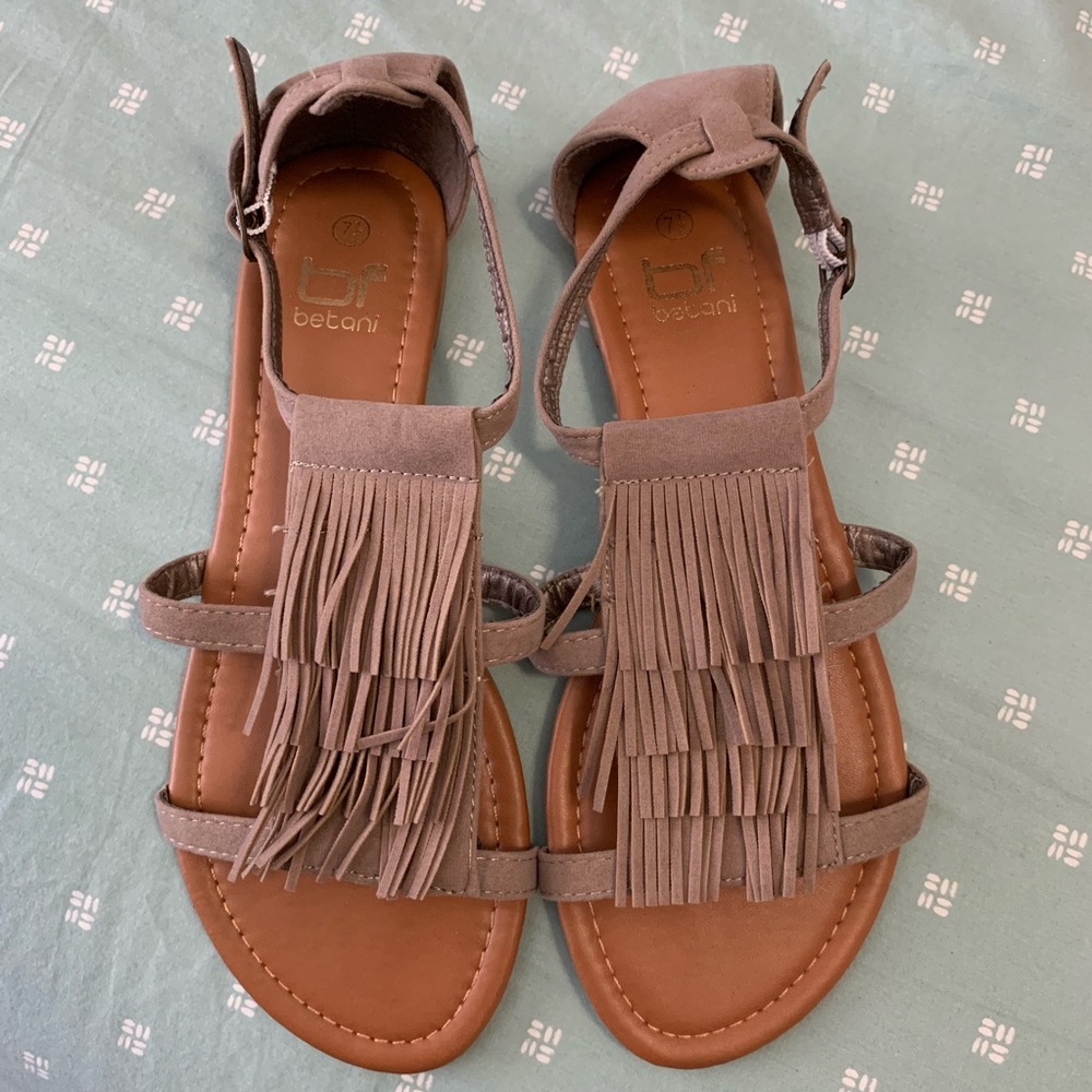 Tan fringe flat sandals